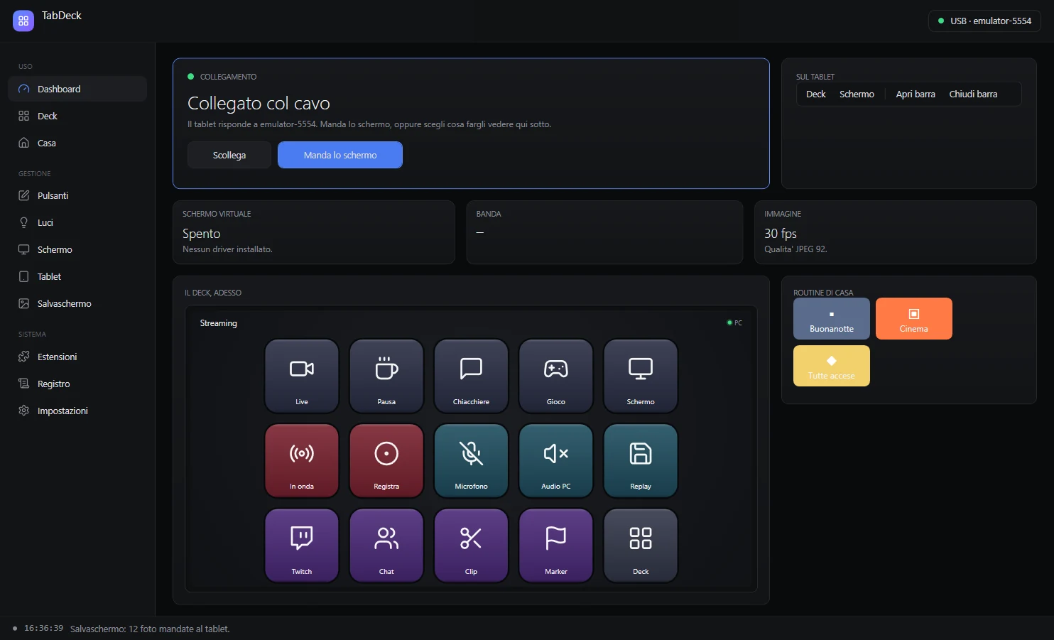 La dashboard di TabDeck sul PC: tablet collegato col cavo, schermo virtuale, banda, deck attuale e routine delle luci