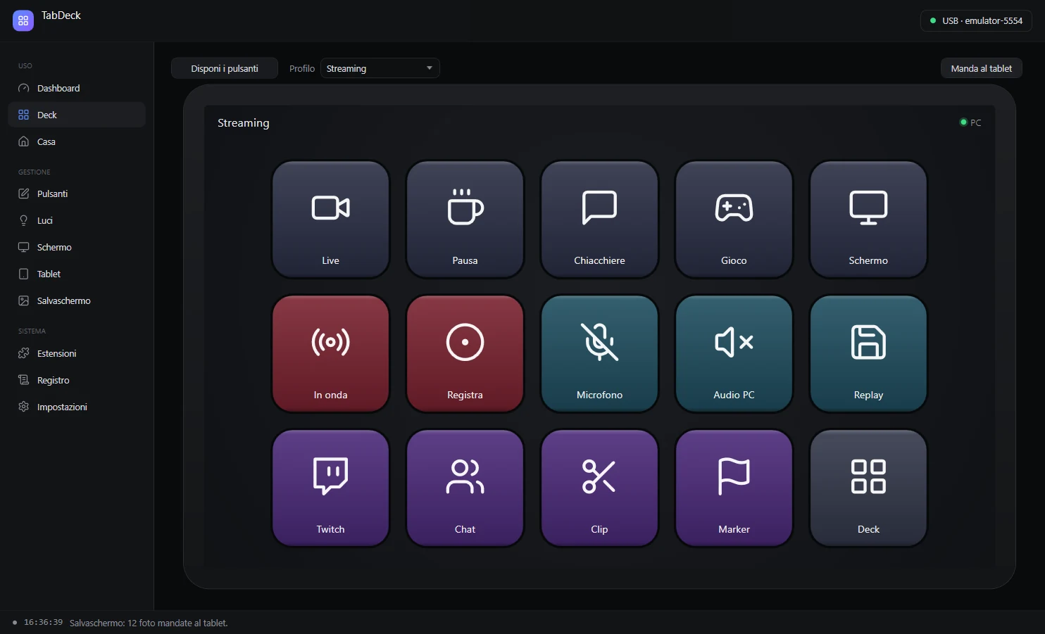L'app TabDeck per Windows sulla pagina Deck, con la griglia del profilo Streaming uguale a quella del tablet