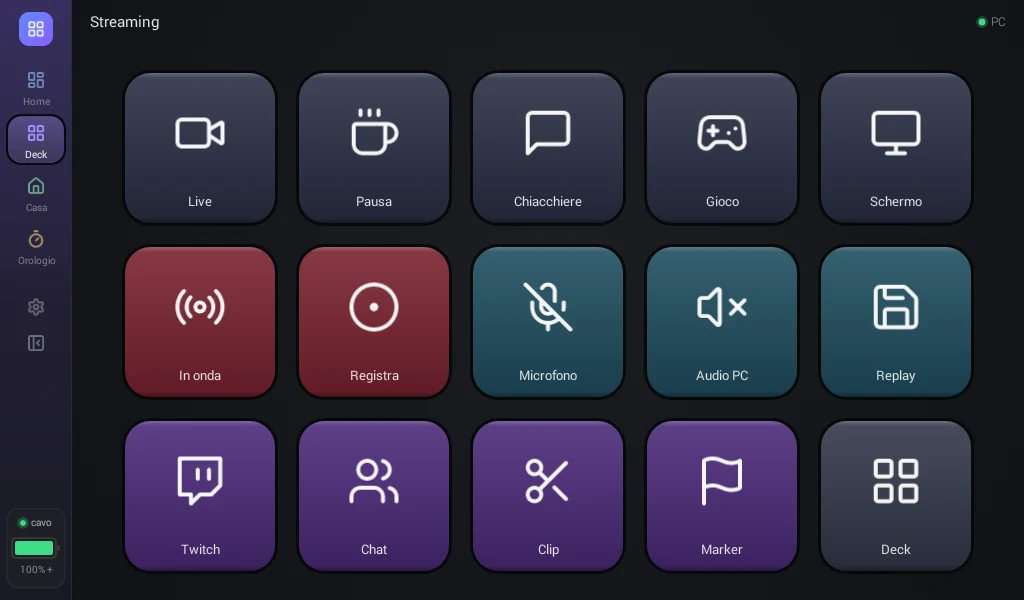 Il tablet con il profilo Streaming: tasti per le scene di OBS, in onda, registra, microfono, audio PC, replay, Twitch, chat, clip e marker