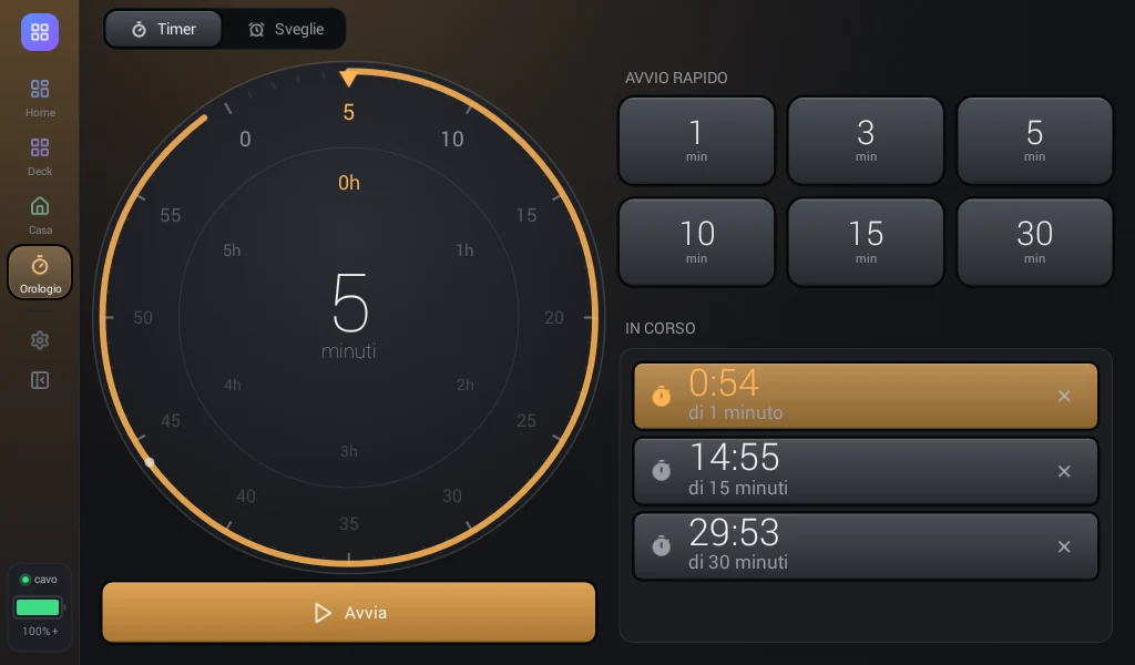 La sezione Timer: ghiera per scegliere la durata, avvio rapido da 1 a 30 minuti e tre timer in corso